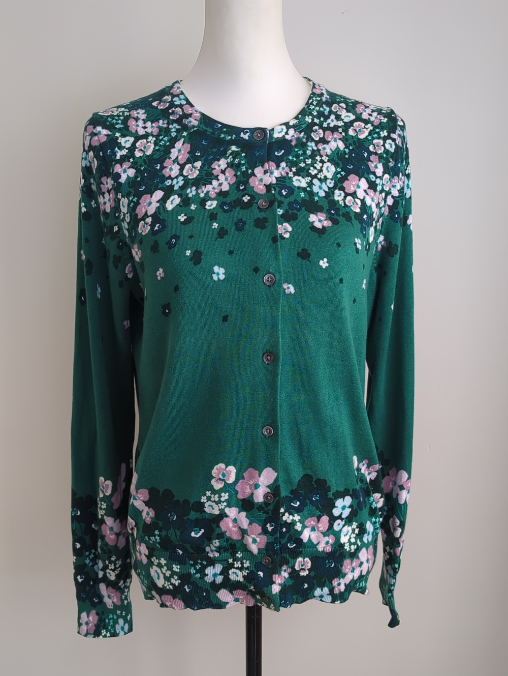 Lands' End Fine Gauge Cotton Crew Neck Cardigan Bright Pine Floral Green MEDIUM